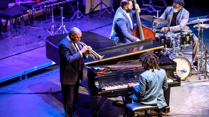 A.D. White Professor-in-Large Wynton Marsalis (left) plays with members of his quintet