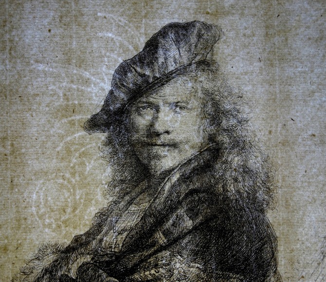 photograph shows a large Basilisk watermark in Rembrandt’s "Self-Portrait Leaning on a Stone Sill" (1639)