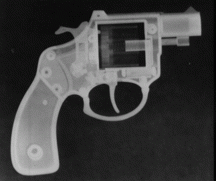 Neutron beam images a toy handgun inside a lead box