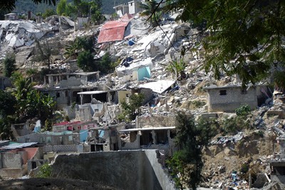 hillside of buildings collapsed by the earthquake