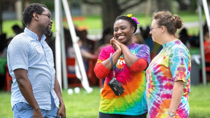 Chad Coates, Keane Leitch and Jennifer Wurster enjoy the 2018 Arts and Sciences picnic May 31.