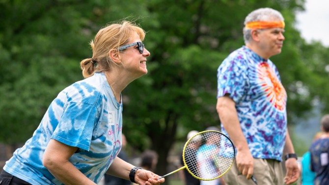 Tracy Davenport enjoys a game of badminton.