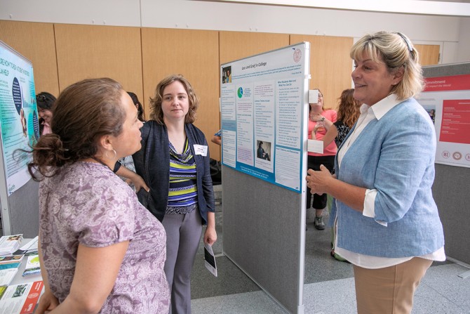 Sarah Rubenstein Gillis, counselor for Cornell Health, and Jeannine Crouse Hagadorn, program coordinator for New Students Programs, discuss loss and grief with Tracey Brant, teaching support specialist for Engineering Undergraduate Programs.