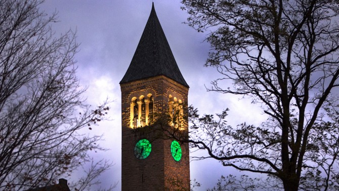 McGraw Tower lit green