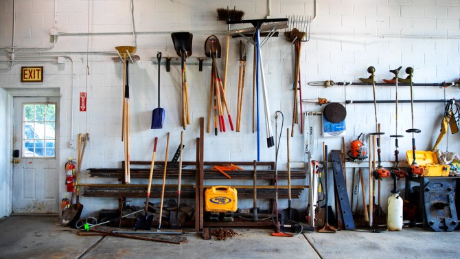 Garage with tools on wall