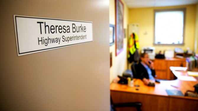 Office door with 'Theresa Burke Highway Superintendent' name tag