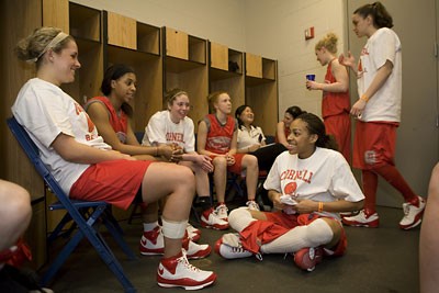 The team relaxes in the locker room at the Arena at Harbor Yard