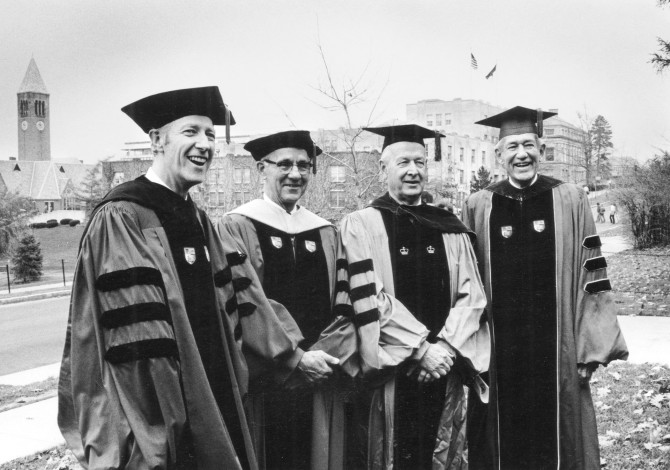 From left, on his inauguration day, Nov. 10, 1977, Rhodes, left, poses with former Cornell presidents Dale R. Corson, James A. Perkins and Deane Waldo Malott