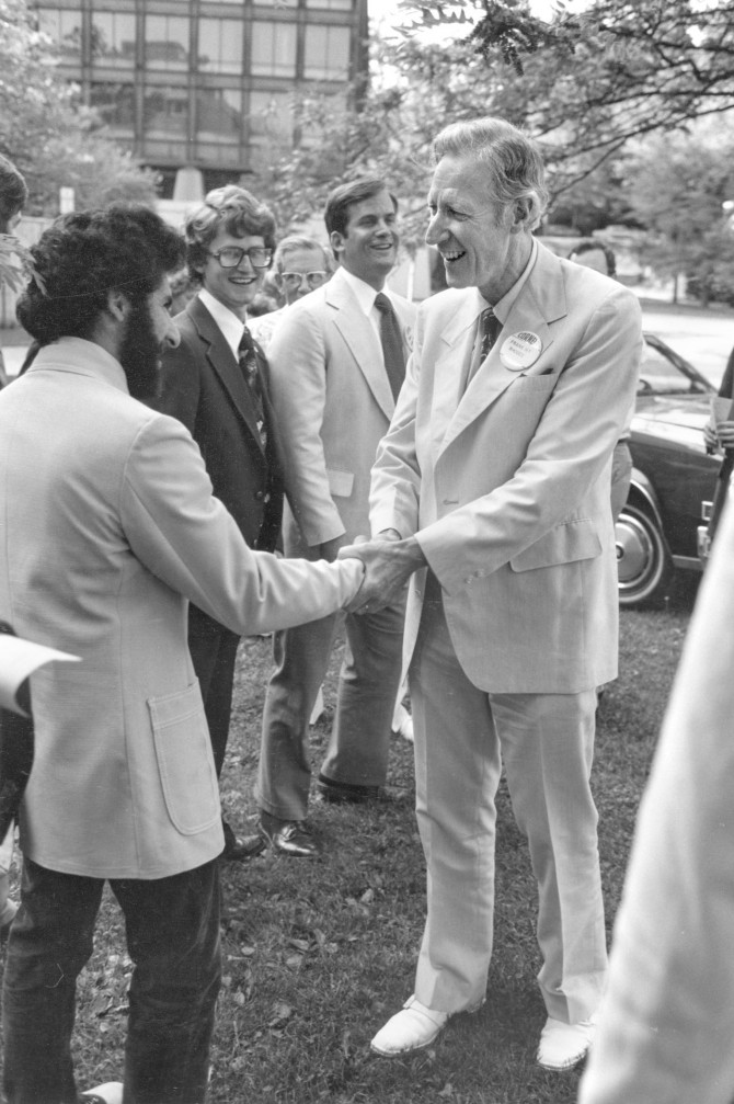 Rhodes greets alumni at a Reunion Weekend in the late 1970s