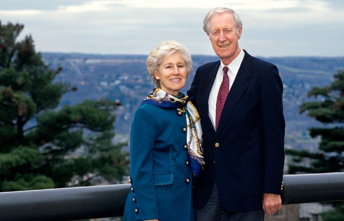 Rhodes with his wife, Rosa Rhodes, on campus in 1994