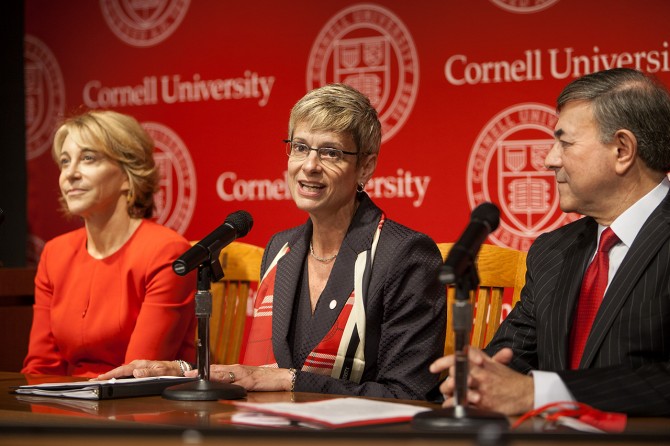 Jan Rock Zubrow, chairman of the Presidential Search Committee; Elizabeth Garrett, provost and senior vice president for academic affairs at the University of Southern California; and Robert Harrison