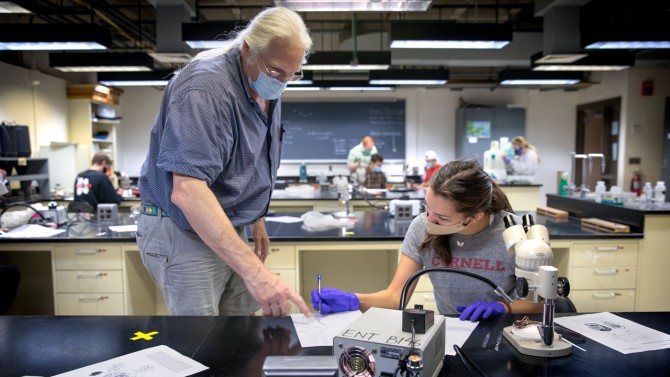 Professor providing instruction to student in lab