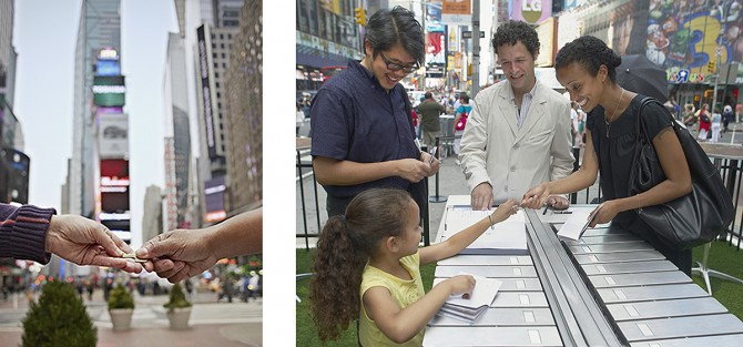 Two images: on the left, two hands are exchanging something. On the right: A little girl hands an item to a woman.