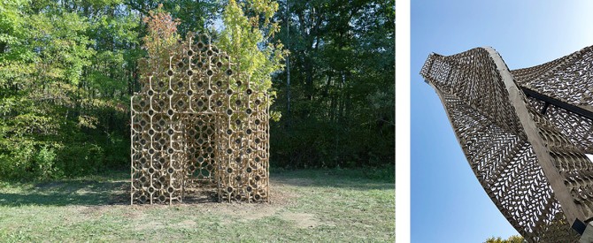 A wooded house shaped structure comprising of holes.