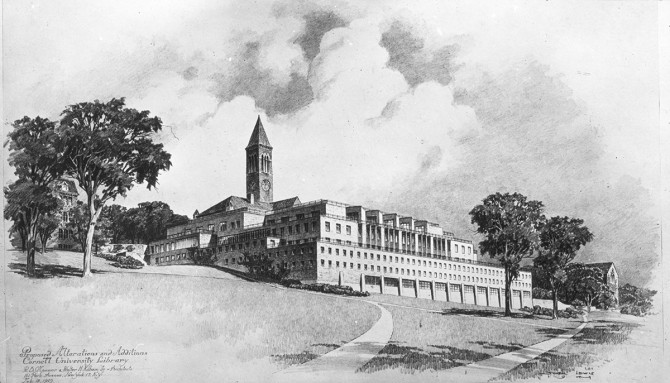 rendering of an addition to the Cornell Library in 1949 