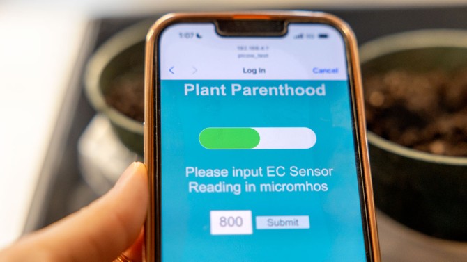 Users can input measurements into an online interface that lets them know if they should add more nutrient-rich urine or water to the soil.