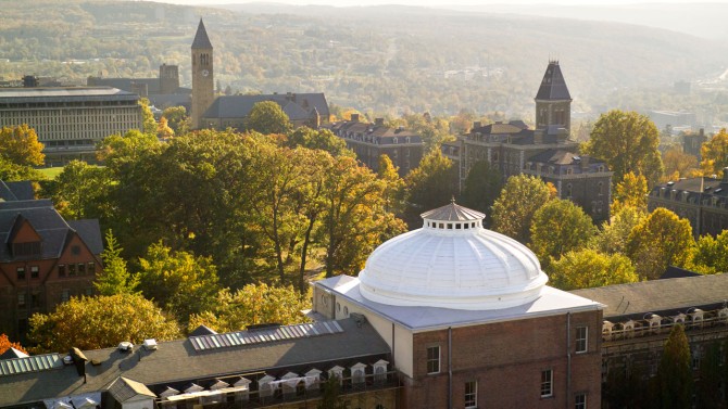 Aerial image of Sibley Dome, part of the College of Architecture, Art and Planning, on the north side of the Arts Quad.