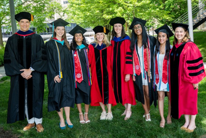 The winners of the 2024 John Siliciano Student Leadership Awards pose with Brooks Dean Colleen Barry, Senior Associate Dean for Academic Affairs (interim) Gustavo Flores-Macias, and Cornell Trustee Peggy Koenig ‘78.