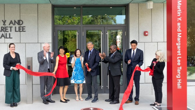 A ceremony is held for the opening of the Martin Y. And Margaret Lee Tang Hall on the Engineering Quad.