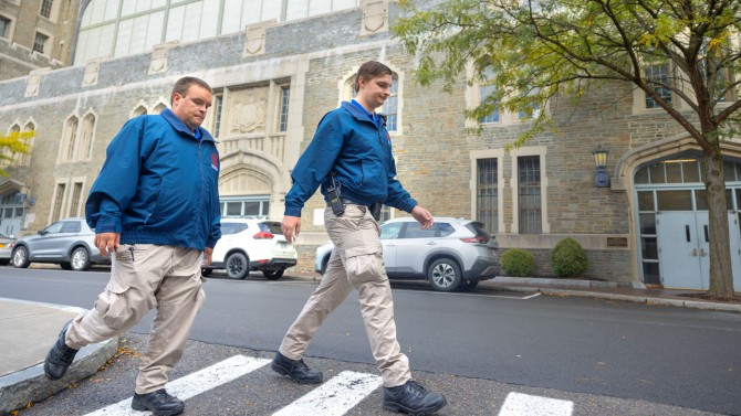 Sanford and O’Callahan interact with students as they work their way around campus.