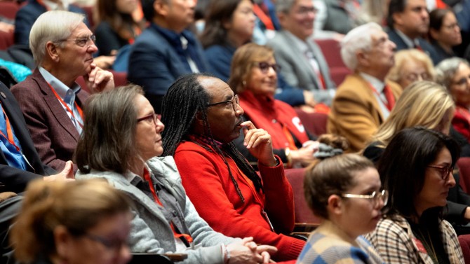 Audience members listen attentively as Interim President Michael I. Kotlikoff delivers his State of the University address, Oct. 18 in Statler Auditorium.