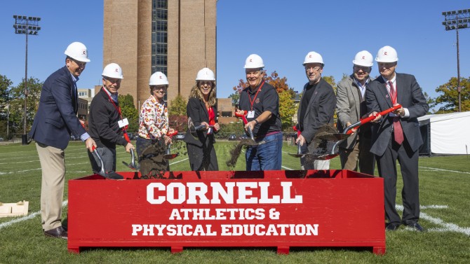 Cornell officials and members of the Cornell community break ground on the project.