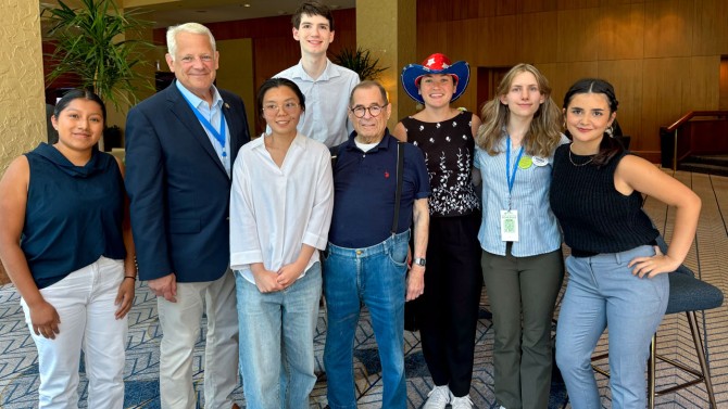 Students from the Cornell Jeb E. Brooks School of Public Policy pose with Professor Steve Israel (second from left), director of the Institute of Politics and Global Affairs and former congressman, as well as U.S. representative from New York, Jerry Nadler (center), at the Democratic National Convention in Chicago.