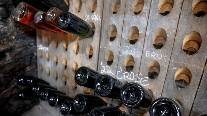 In Dr. Konstantin Frank Winery's champagne cave, bottles of sparkling wine are spun strategically to remove the plug of dead yeast in bottles.