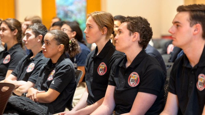 Cornell ROTC cadets listen as Lt. Gen. Watson.