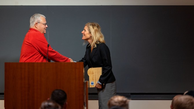 Sarah Kreps, the John L. Wetherill Professor in the Department of Government, receives the Veterans Colleague Network Group’s annual Continuation of Service Award for her significant contributions to student veterans at Cornell. 