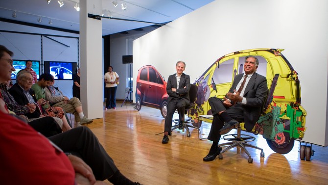 Ratan Tata ’59, B.Arch. ’62, right, discusses the Nano minicar with Kent Kleinman, then dean of the College of Architecture, Art and Planning, during Reunion in 2009. Tata, a former Cornell trustee and the university’s largest international donor, died Oct. 9 in Mumbai, at age 86. 