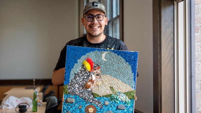 Chris Rivera ’24 created a mosaic that tells the Haudenosaunee creation story for his final project