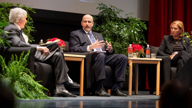 Daniel B. Shapiro, center, former U.S. Ambassador to Israel speaks during the Pathways to Peace panel discussion in Bailey Hall.