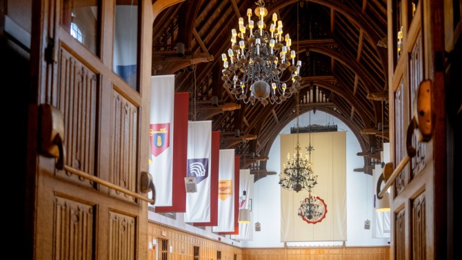 Banners hang in Willard Straight Hall Memorial Room