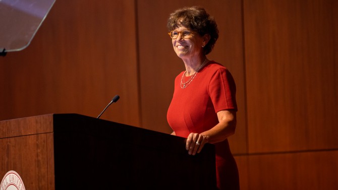 Anne Meinig Smalling ’87, chair of the Cornell Board of Trustees, delivers remarks during the Trustee-Council Annual Meeting
