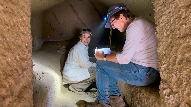 Doctoral student Leyla Uğurer and Annetta Alexandridis, associate professor of the history of art and classics, document a rock-cut tomb.