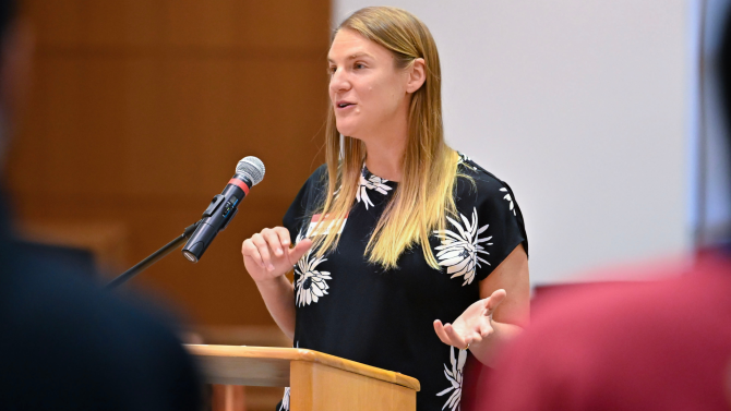 Margaret Frank, co-principal investigator at CROPPS, delivers opening remarks.