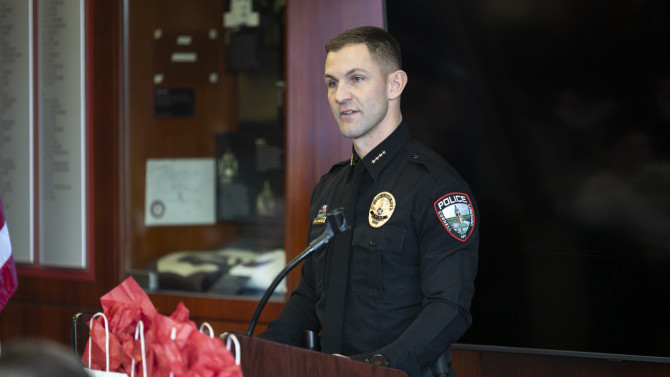 Newly installed Cornell University Police Department Chief Eric Stickel speaks at the swearing-in ceremony.