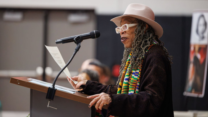 Anne V. Adams, professor emerita in Africana studies and comparative literature and chair of the Toni Morrison Collective, attends the community celebration for Morrison's 95th birthday.
