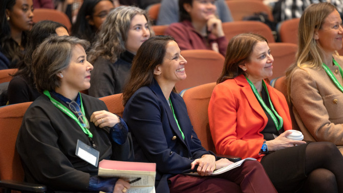 Lisa Nishii, (from left) senior vice provost for enrollment management and undergraduate education; Rachel Dunifon, the Rebecca Q. and James C. Morgan Dean of the College of Human Ecology; and Colleen Barry, dean of the Cornell Jeb E. Brooks School of Public Policy, look on during panel presentations during the one-weekend intensive course.
