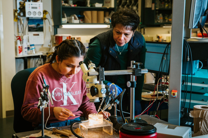 Shivaun Archer guides a student sitting at a microscope in a lab experiment 