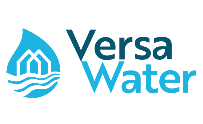 versa water reads next to a water droplet with two houses in it