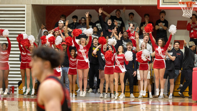 Cornell cheerleaders celebrate during the Big Red’s win over Brown on Feb. 28.