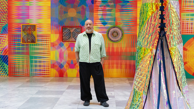 Jeffrey Gibson will give a public talk in the Abby and Howard Milstein Auditorium March 24 as the spring 2026 John A. Cooper Visiting Artist Lecture Series speaker.