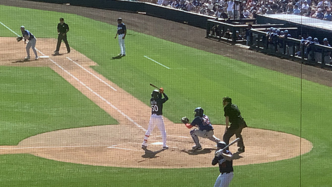 All-star Mookie Betts, of the Los Angeles Dodgers, takes an at bat during Spring Training.