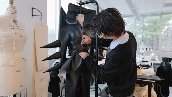 Luis Chavarin ’28, a level 2 designer, created the sharp, pointy silhouettes as part of an environmental commentary.