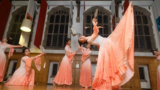 Dancers perform a number from their Rhythms of China showcase during a dress rehearsal in Willard Straight Hall. The showcase will be on March 13 at 7 p.m. in Bailey Hall.