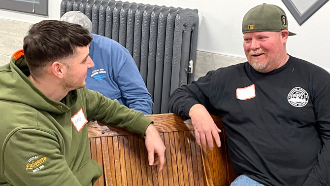 At right, Robert McCleary, a shop steward at the Laborers Union, Local 66, in Suffolk County, Long Island, does a role play with another union member during a training for the peer supporter program.