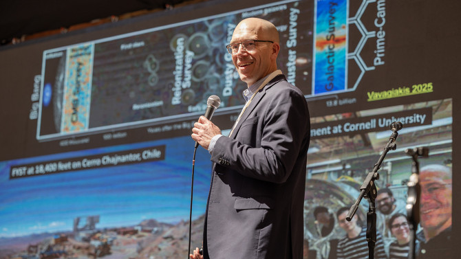 Michael Niemack, professor of physics and astronomy in the College of Arts and Sciences, speaks at a conference prior to the inauguration.