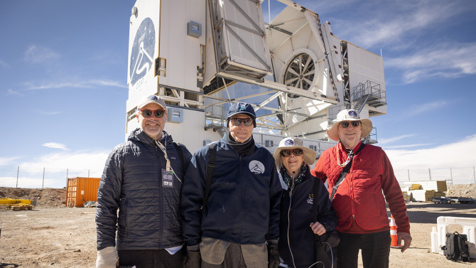 Cornell visitors use continuous oxygen for the extreme altitude at the Fred Young Submillimeter Telescope. From left, Peter John Loewen, dean of the College of Arts and Sciences;&nbsp;Fred Young ’64, M.Eng ’66, MBA ’66; Martha Haynes, professor of astronomy emerita; and President Michael I. Kotlikoff.